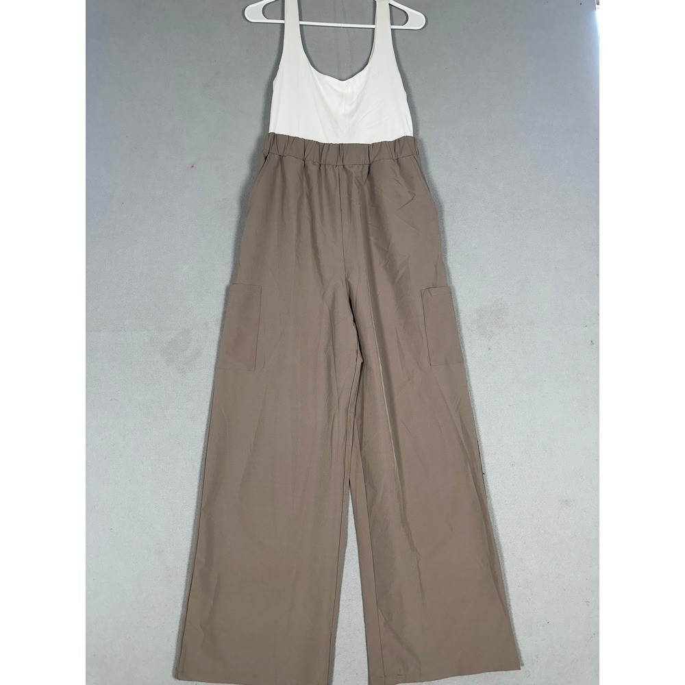 NEW Derek Heart Jumpsuit Womens Large Tan White Cargo Wide Leg Sleeveless Casual
